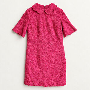 Vintage 60s Handmade Hot Pink Mod Mini Dress Peter Pan Collar Textured Floral